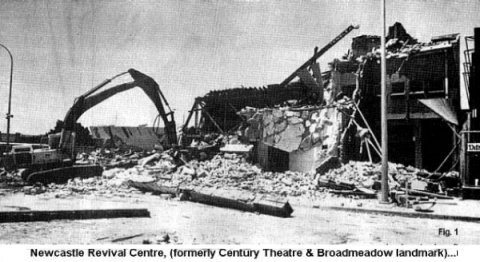 Picture showing the Newcastle Revival Centre, the former Century Theatre and Broadmeadow landmark, which was extensively damaged in the earthquake and was unrecognisable yesterday after the demolishers' work.