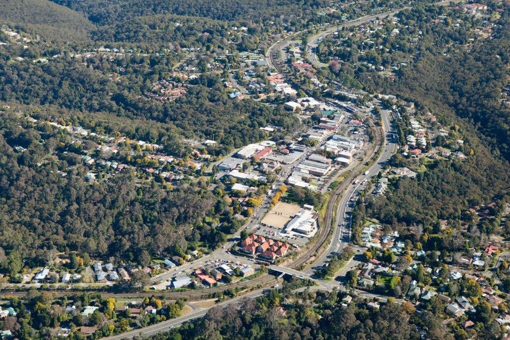 Aerial photo of Springwood Town Centre, the district centre providing commercial and community services for the Lower Mountains.